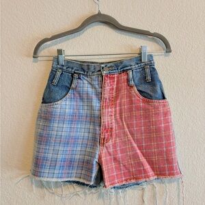 Vintage Plaid Patchwork Denim Shorts